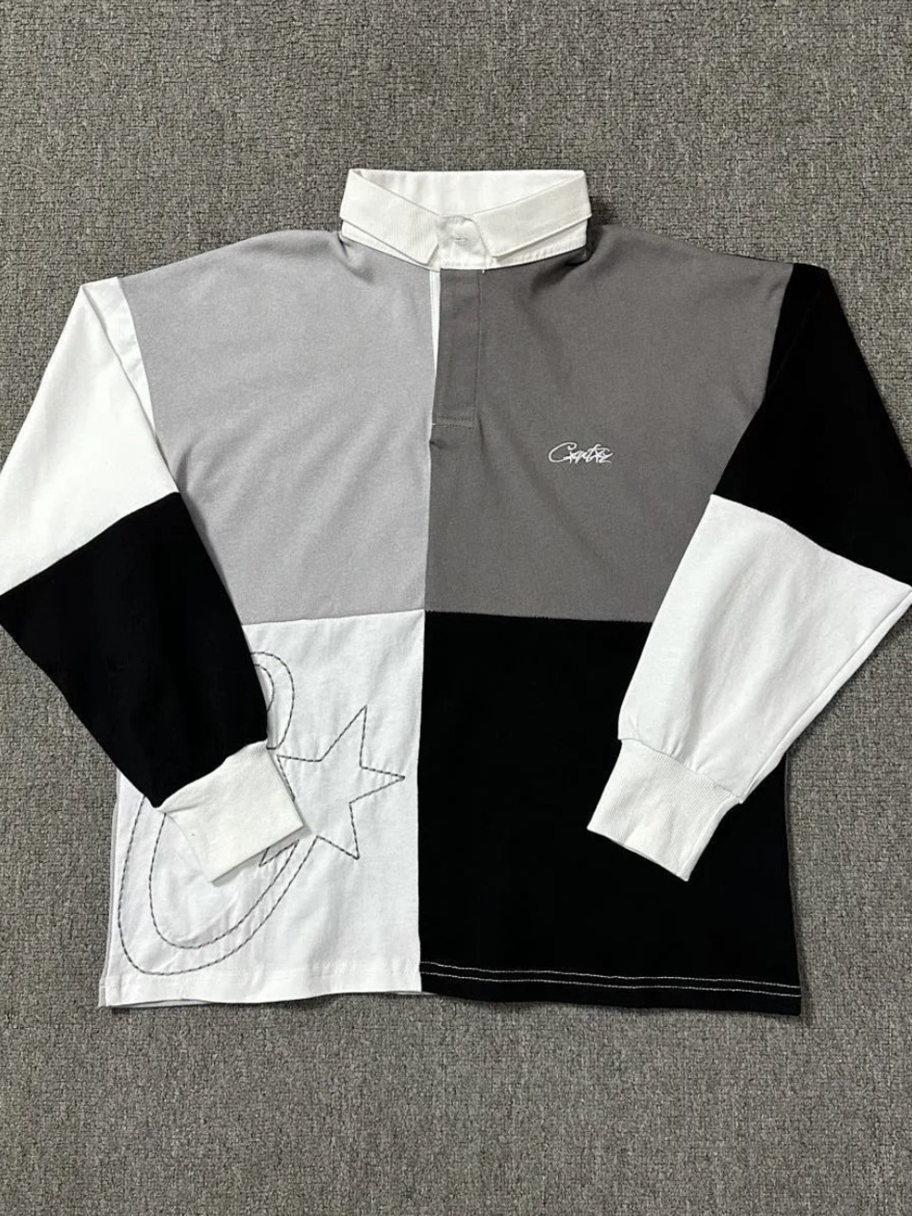 Corteiz Long Sleeve Rugby Top in Gray, Black & White